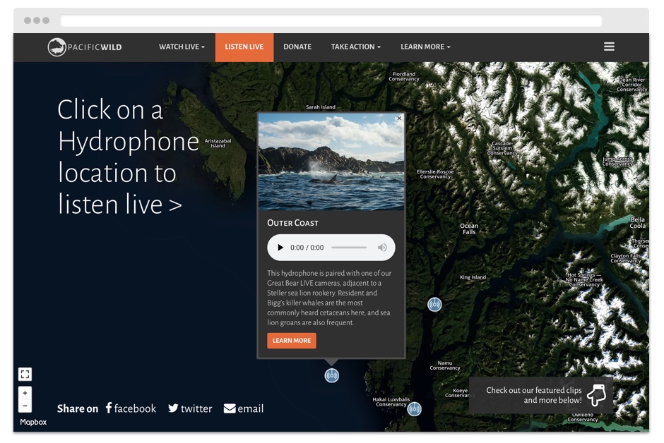 Hydrophone network landing page with interactive map