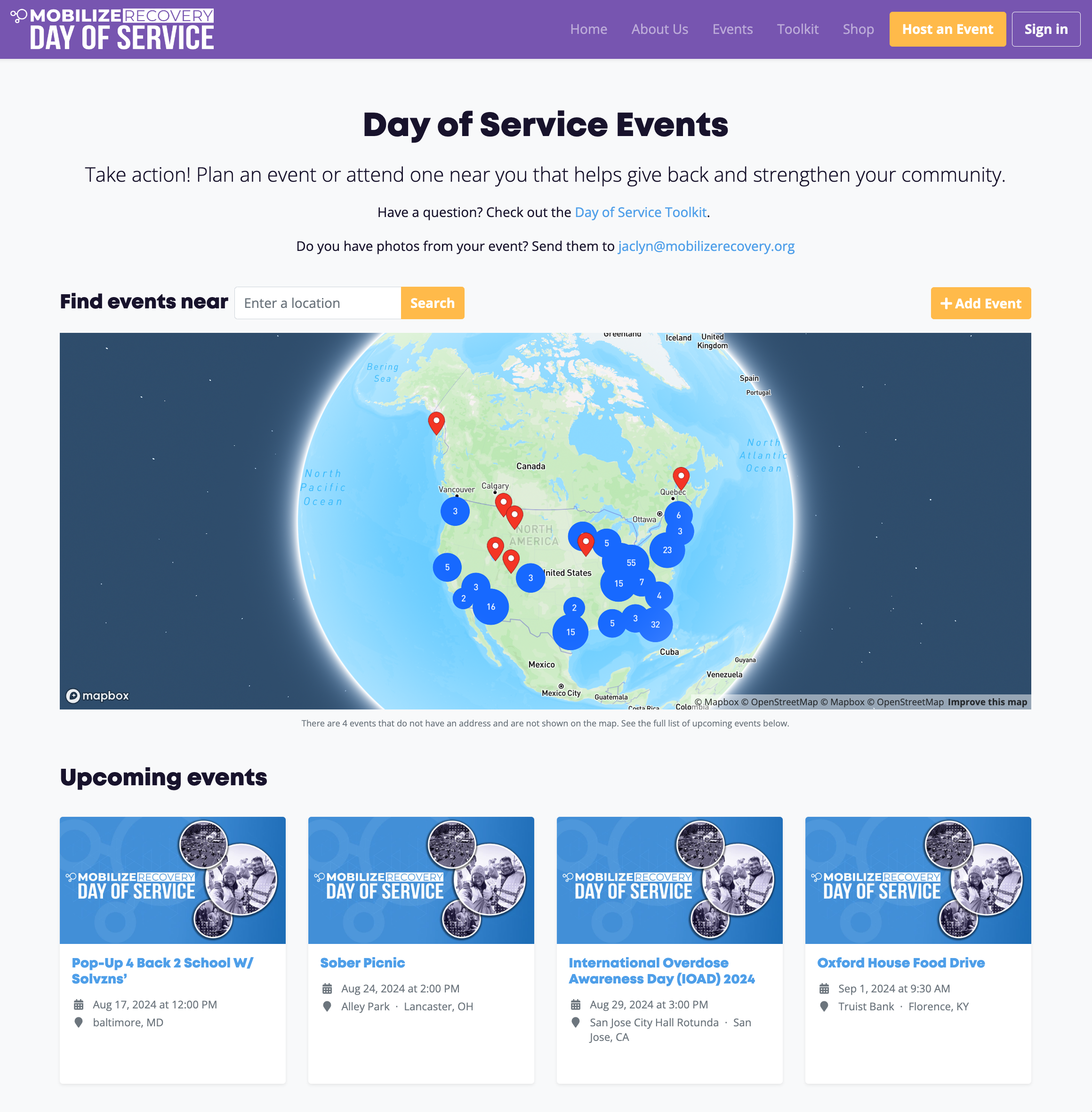 Interactive Day of Service map showing community-led events across the United States