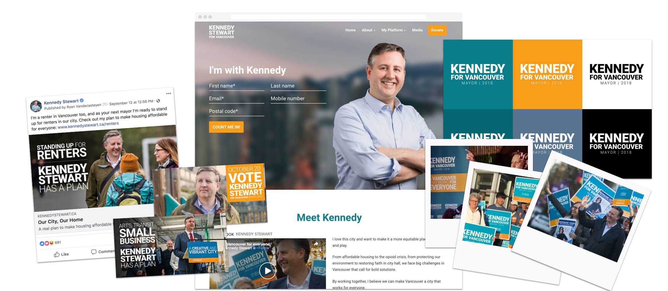 Kennedy for Vancouver campaign visual identity — logo, colors, and applications