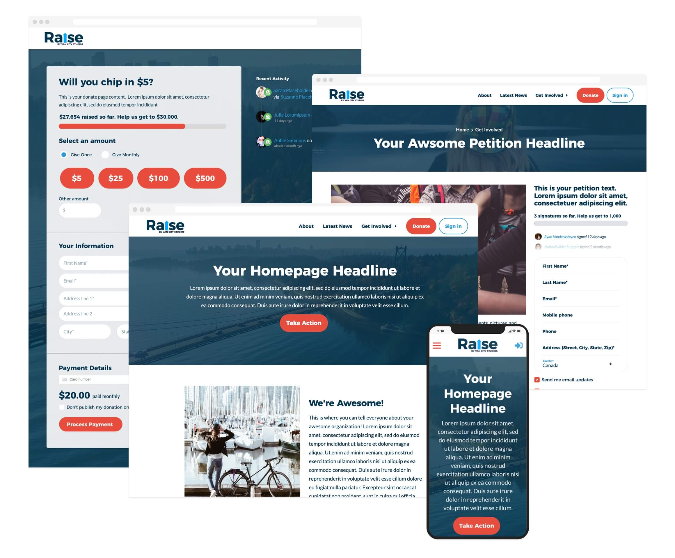 The Raise theme for NationBuilder shown across devices
